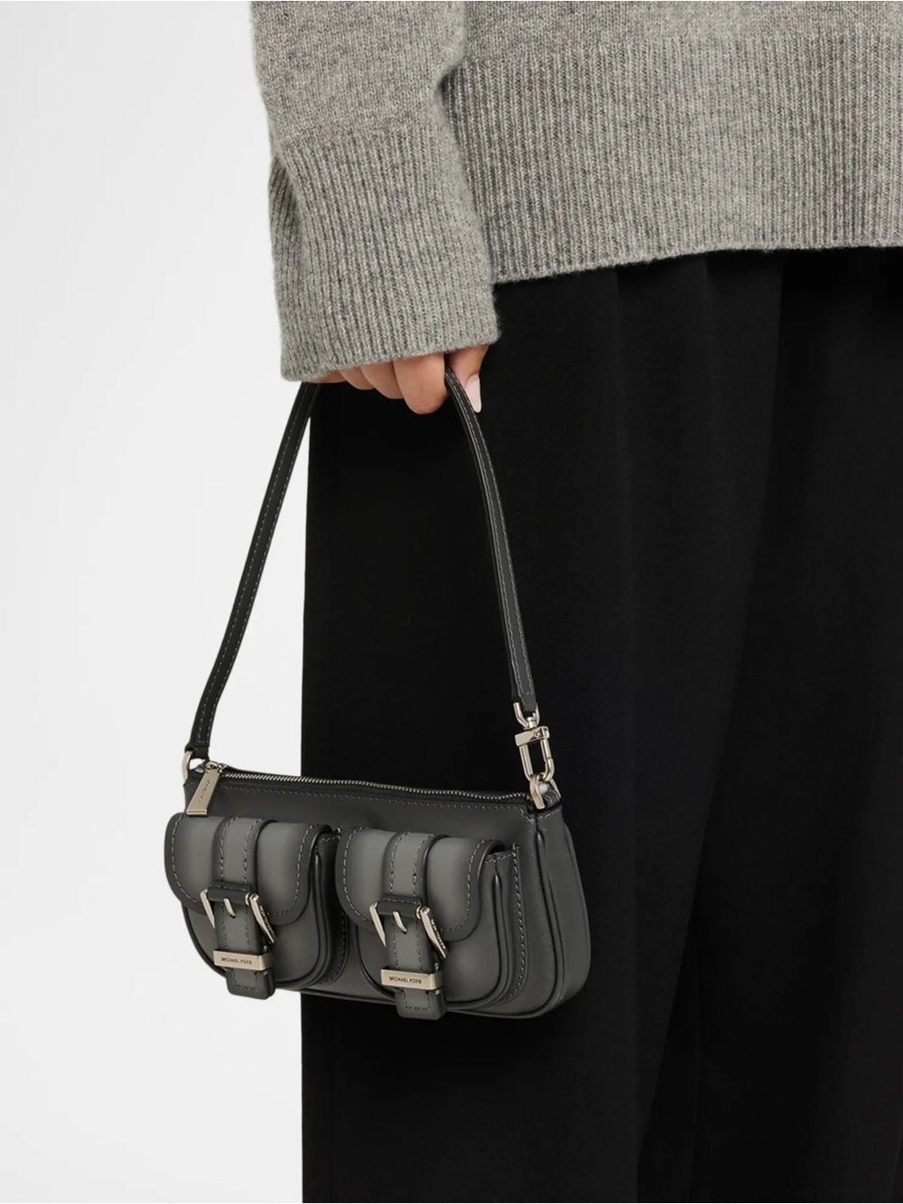 Michael Kors Black Leather Pocket Baguette Shoulder Bag Y2K Cargo Mini Purse